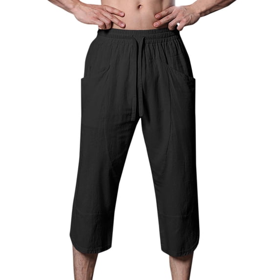 ZVNAΖH Mens Cotton Linen Capri Pants Light Loose 3/4 Long Shorts Casual Drawstring Elastic Waist Straight Leg Cropped Pants with Pockets