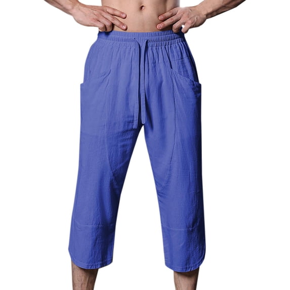 ZVNAΖH Mens Cotton Linen Capri Pants Light Loose 3/4 Long Shorts Casual Drawstring Elastic Waist Straight Leg Cropped Pants with Pockets
