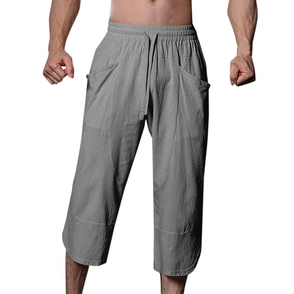 ZVNAΖH Mens Cotton Linen Capri Pants Light Loose 3/4 Long Shorts Casual Drawstring Elastic Waist Straight Leg Cropped Pants with Pockets