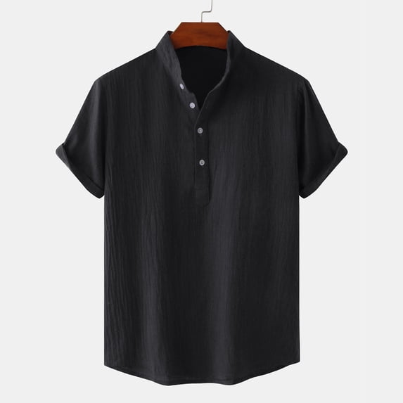 ZVNAΖH Mens Cotton and Linen Shirts Summer Casual Short Sleeve Shirts Button Stand Up Collar Shirts Beach Vacation Shirts