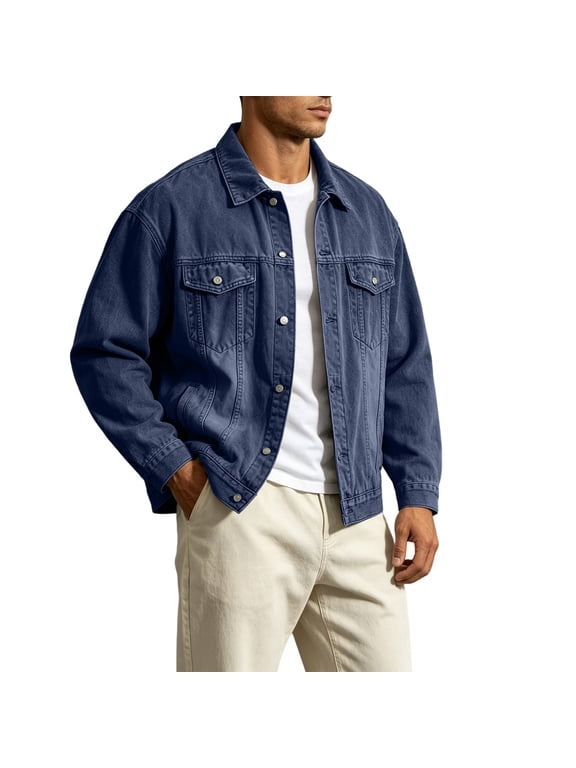ZVNAΖH Mens Denim Jacket Vintage Trucker Jacket Lapel Collar Button Down Washed with Chest Pockets