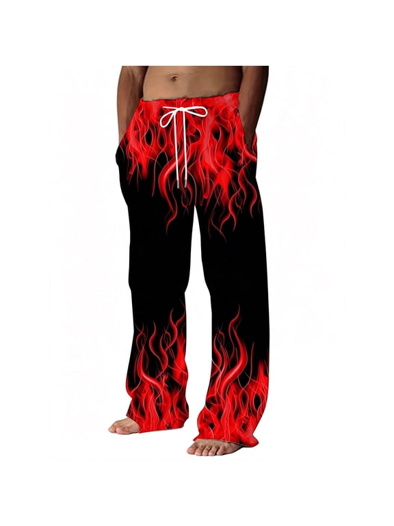 ZVNAΖH Mens Flame Print Pants Sweatpants Drawstring Elastic Waist Straight Leg with Pockets Casual Party Halloween