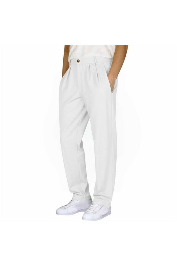 ZVNAΖH Mens Flat Front Dress Pants Double Pleated Button Zip Closure Linen Pants Casual Work Golf Chino Pants