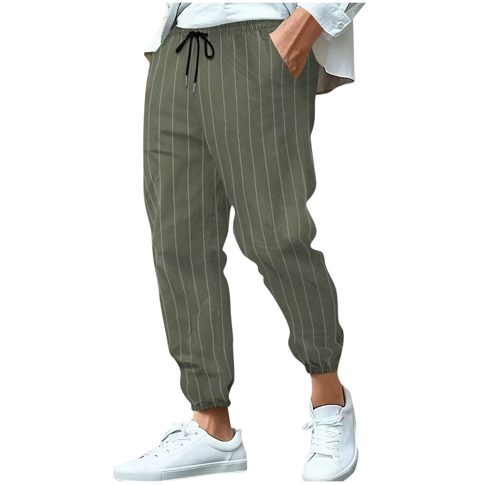 ZVNAΖH Mens Flax Linen Pants Striped Jogger Pants Drawstring Tie