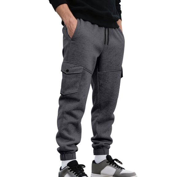 ZVNAΖH Mens Fleece Cargo Sweatpants Baggy Drawstring Elastic Waist Jogger Pants Athletic Joggers Trousers with Multi-pockets