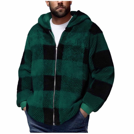 ZVNAΖH Mens Fluffy Fuzzy Plaid Jacket, Plush Fleece Zip Up Coat Casual Long Sleeve Cozy Hoodie Fall Winter Warm Outwear Holiday Gifts