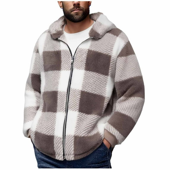 ZVNAΖH Mens Fluffy Fuzzy Plaid Jacket, Plush Fleece Zip Up Coat Casual Long Sleeve Cozy Hoodie Fall Winter Warm Outwear Holiday Gifts