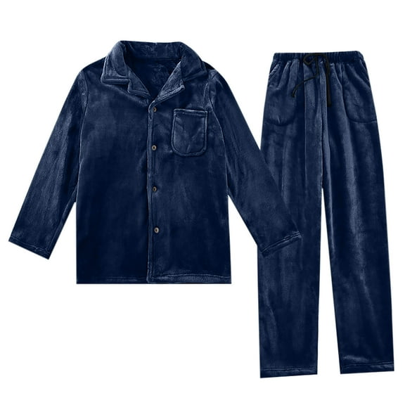 ZVNAΖH Mens Fuzzy Pajamas Set, Mens Flannel Long Sleeve Button Down Shirts Lapel Collar Tops and Drawstring Pants, 2 Piece Winter Lounge Set