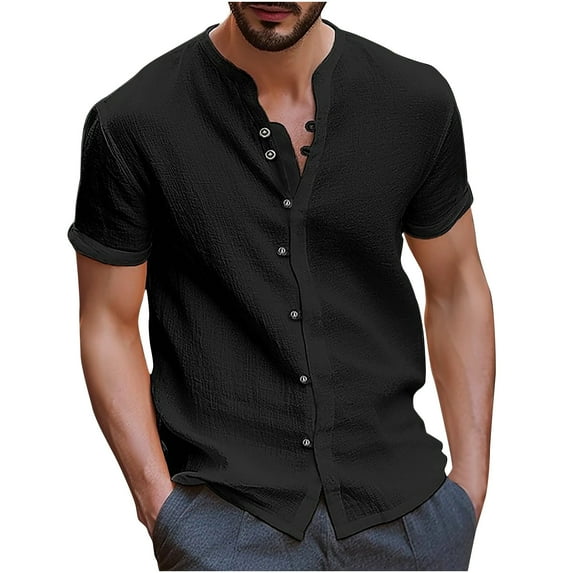 ZVNAΖH Mens Linen Shirts Summer Beach Casual Button-down Short Sleeve Shirt Collarless Vintage Shirts Blouse Tops