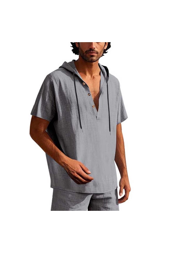 ZVNAΖH Mens Linen Short Sleeve Hoodies Lightweight Button Hooded Pullover Summer Beach Vacation Shirts with Drawstring