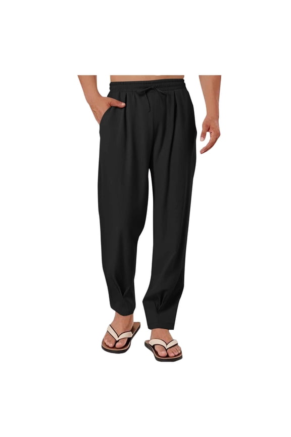 ZVNAΖH Mens Linen Yoga Pants Elastic Waist Drawstring Summer Beach Loose Fit Casual Tapered Trousers