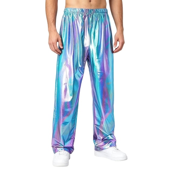 ZVNAΖH Mens Shiny Pants Metallic Trousers Loose Fit Straight Leg Elastic Waist for Halloween Party Disco