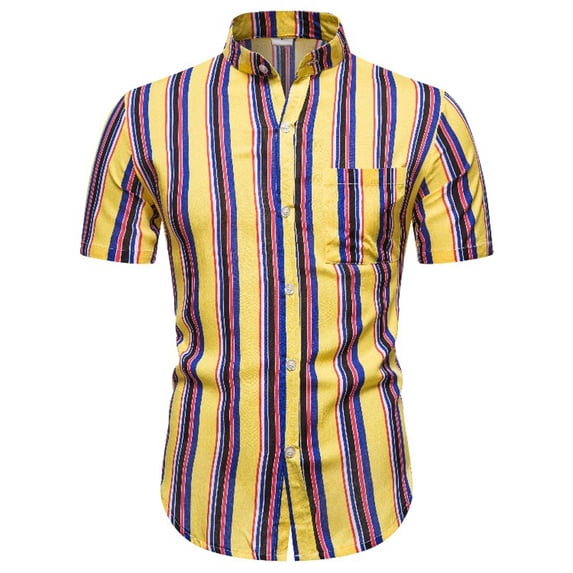ZVNAΖH Mens Short Sleeve Button Down Shirts Casual Striped Ethnic Stand Up Shirts Hawaiian Beach Shirts Oversized Shirts, M-5XL