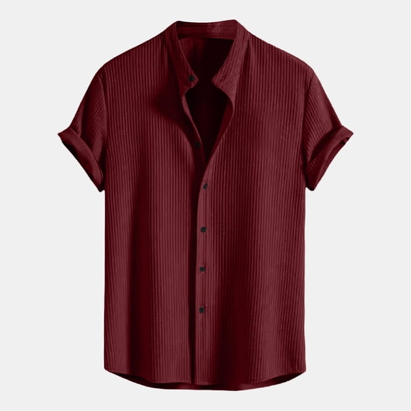 ZVNAΖH Mens Short Sleeve Button Down Shirts Knit Jacquard Shirts Summer Casual Stand Up Shirts Comfy Solid Color Lightweight Tops