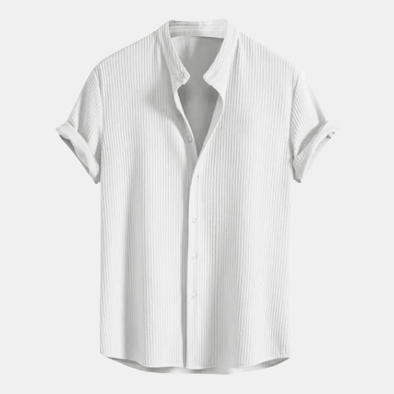 ZVNAΖH Mens Short Sleeve Button Down Shirts Knit Jacquard Shirts Summer Casual Stand Up Shirts Comfy Solid Color Lightweight Tops