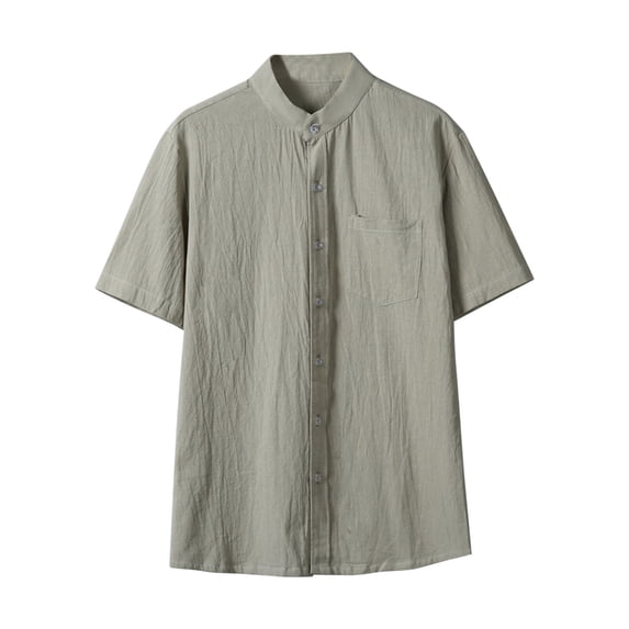 ZVNAΖH Mens Short Sleeve Button Down Shirts Summer Casual Stand Up Collar Shirt Solid Color Pocket Shirt Lightweight Tops