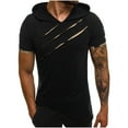 thumbnail image 1 of ZVNAΖH Mens Short Sleeve Hooded Solid Pullover Casual Sports T-shirt Irregular Hem Ripped Hip Hop Shirts Street Wear Shirts, 1 of 5
