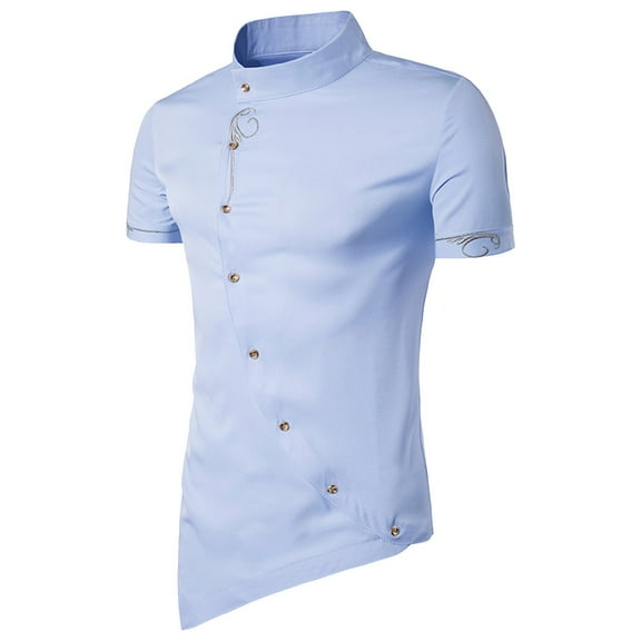 ZVNAΖH Mens Short Sleeve Stand Up Collar Shirts Slant Placket Pointed Hem Embroidered Shirts Dress Shirt Formal Shirts
