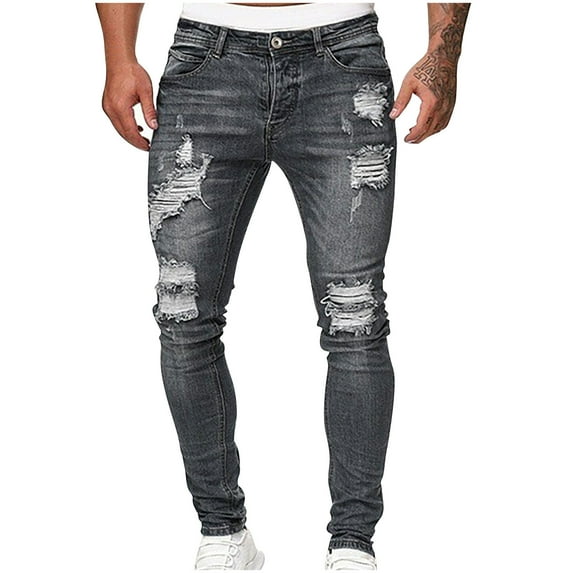 ZVNAΖH Mens Slim Fit Ripped Stretch Skinny Jeans Side Striped Denim Pants