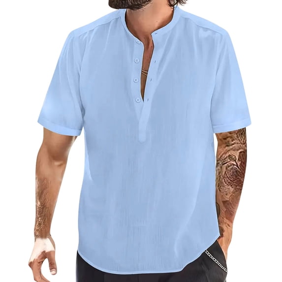 ZVNAΖH Mens Stand Up Short Sleeve Shirts Summer Casual Button Up Shirts Comfy Solid Color Go Out Shirts Beach Shirts