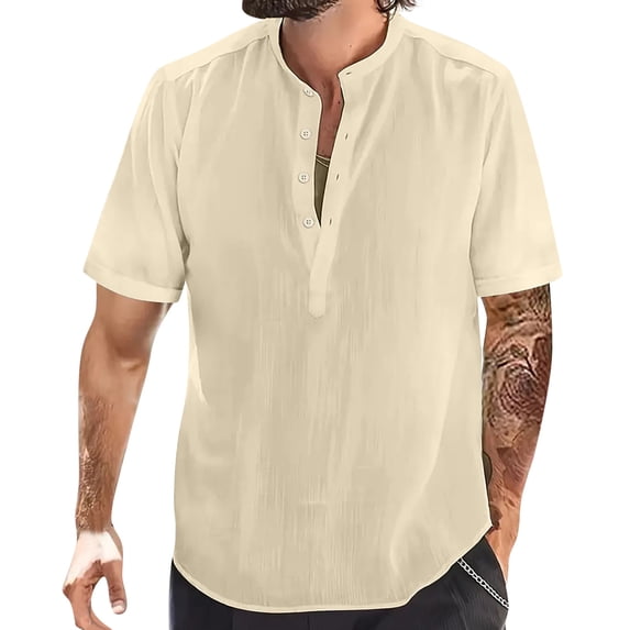 ZVNAΖH Mens Stand Up Short Sleeve Shirts Summer Casual Button Up Shirts Comfy Solid Color Go Out Shirts Beach Shirts