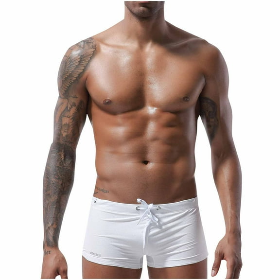 ZVNAΖH Mens Swim Boxer Briefs, Mens Summer Drawstring Waist Solid Color Swim Shorts