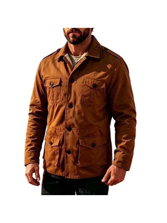 ZVNAΖH Mens Utility Jacket Field Jacket Suede Fleece Lined Lapel Collar Button Down Outerwear with Multi Pockets Rugged Winter Coat