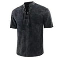 thumbnail image 1 of ZVNAΖH Mens Vintage Tunic Tops Lace Up Short Sleeve Shirt Summer Casual Beach Stand Up Collar Cotton Tees, 1 of 2