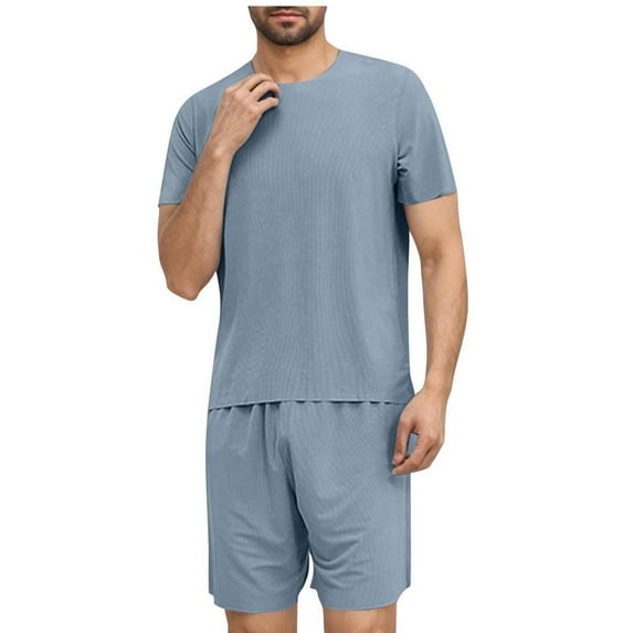 ZVNAΖH Pajama Sets Men, Men's Casual Solid Super Soft Comfty Sleepwear Set Crew Neck Short Sleeve Tops and Shorts 2 Piece