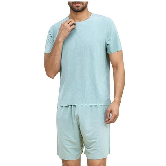 ZVNAΖH Pajama Sets Men, Men's Casual Solid Super Soft Comfty Sleepwear Set Crew Neck Short Sleeve Tops and Shorts 2 Piece