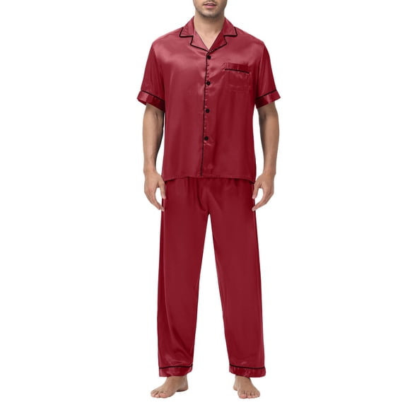 ZVNAΖH Pajama Sets Men, Men's Turn Down Collar Short Sleeve Ice Silk Pajamas Set Button Down Satin Lounge Set Homewear Set