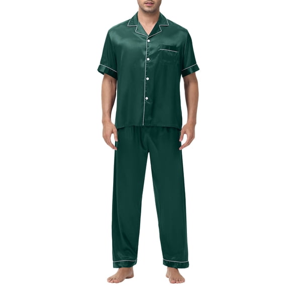 ZVNAΖH Pajama Sets Men, Men's Turn Down Collar Short Sleeve Ice Silk Pajamas Set Button Down Satin Lounge Set Homewear Set