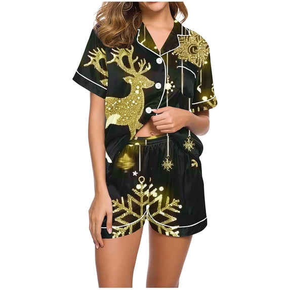 ZVNAΖH Pajamas for Women Set, Turndown Collar Short Sleeve Button Down Blouse and Shorts 2 Pieces, Christmas Sleepwear for Women, Gifts for Women, Homewear Sets for Women