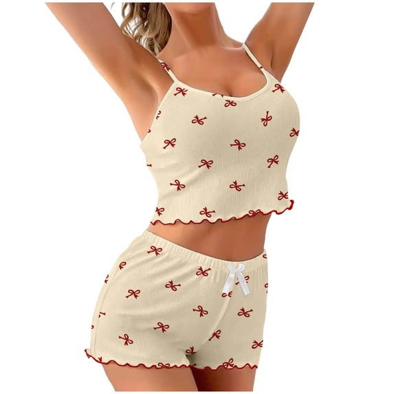 ZVNAΖH Petite Women's Bow Print Pajama Set, Ruffle Trim Cami Top & Low Waist Shorts, Casual Loungewear, S-XL