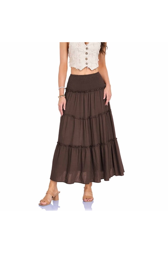ZVNAΖH Petite Women's High Waist Tiered Maxi Skirt, Cotton Linen Skirt with Pockets, Smocked Waist & Ruffle Trim for Casual Wear