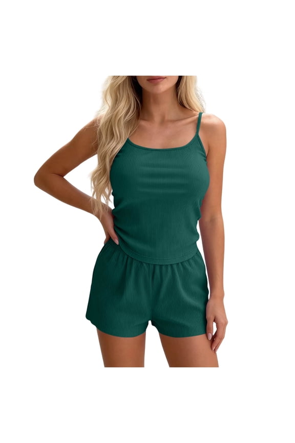 ZVNAΖH Petite Women's Ribbed Cami Pajama Set, Scoop Neck Camisole Top & Elastic Waist Shorts, Casual Loungewear, S-XL
