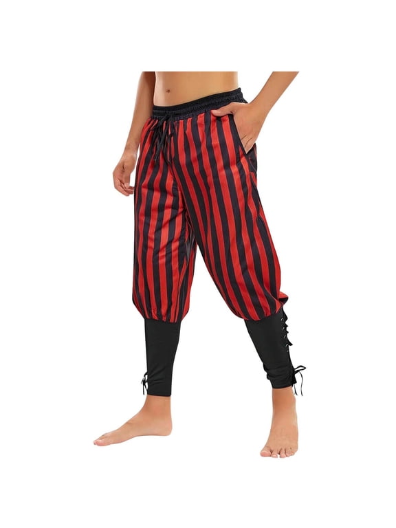 ZVNAΖH Pirate Pants for Men Ankle Banded Renaissance Pants Medieval Viking Navigator Trousers Pirate Costume with Drawstrings