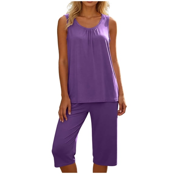 ZVNAΖH Pleated Neck Tank Top Pajama Set, Women's Sleeveless Top & Elastic Waist Capri Pants, Soft Home Loungewear, XL-5XL