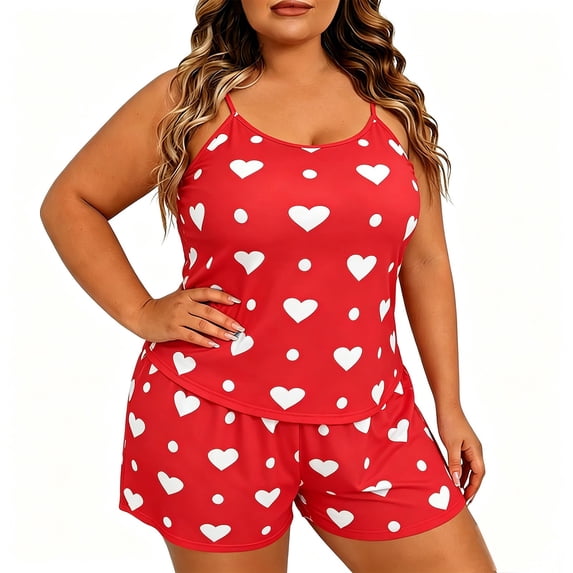 ZVNAΖH Plus Size Women's Pajama Set, Heart Print Cami Top & Shorts, Soft Summer Casual Loungewear, XL-5XL