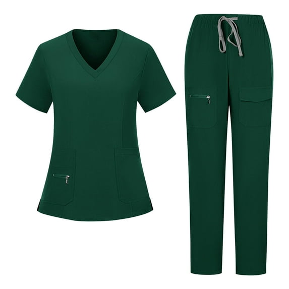 ZVNAΖH Scrub Set for Women, V-neck Stretch Top & Straight Leg Pants with Drawstring and Zipper Pocket, Medical Nursing Uniforms Set