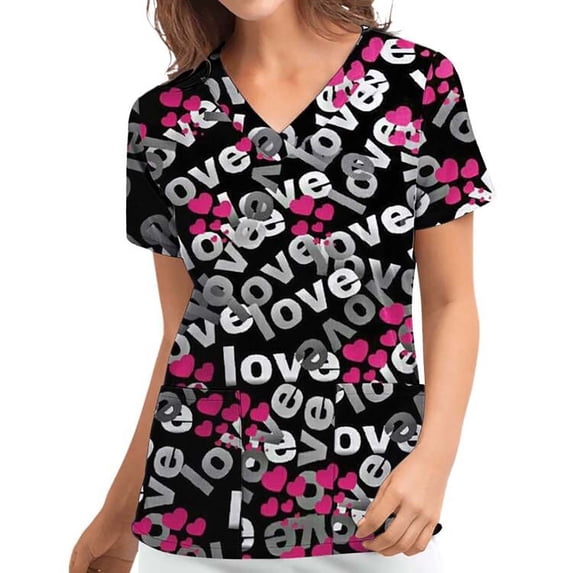 ZVNAΖH Scrub Tops Women, Stretchy V Neck Short Sleeve Cute “LOVE” Printed Valentine's Day Nursing Pocketed Working Uniforms