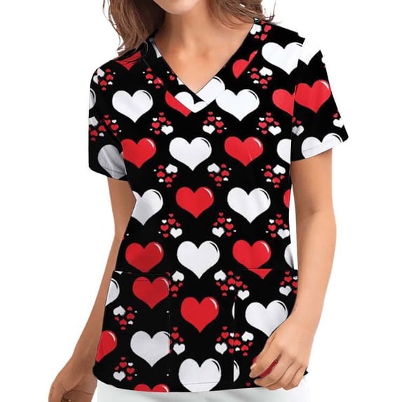 ZVNAΖH Scrub Tops Women, Stretchy V Neck Short Sleeve Cute “LOVE” Printed Valentine's Day Nursing Pocketed Working Uniforms