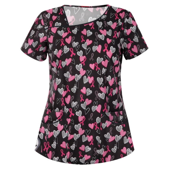 ZVNAΖH Scrub Tops Women, Stretchy V Neck Short Sleeve Cute Love Heart Printed Valentine's Day Gift Nursing Pocketed Working Uniforms