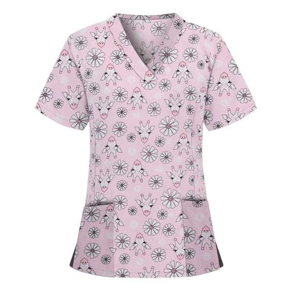 ZVNAΖH Scrub Tops for Women Short Sleeve V-Neck Stretch Holiday Scrub Shirt Cute Animal Print Nursing Workwear with 2 Pockets