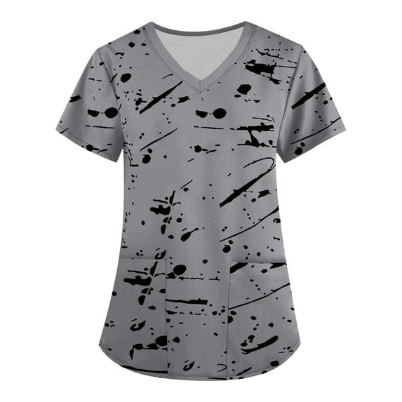 ZVNAΖH Scrub Tops for Women Stretch V Neck Short Sleeve 3D Print Shirt Nursing Medical Uniform with 2 Pockets