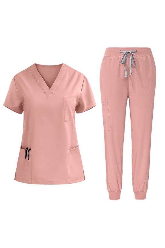 ZVNAΖH Scrubs Sets for Women, Caregiver Uniform Set, V Neck Stretch Scrub Top & Jogger Pants, Anti Wrinkle, Yoga Waistband, Multi Pockets
