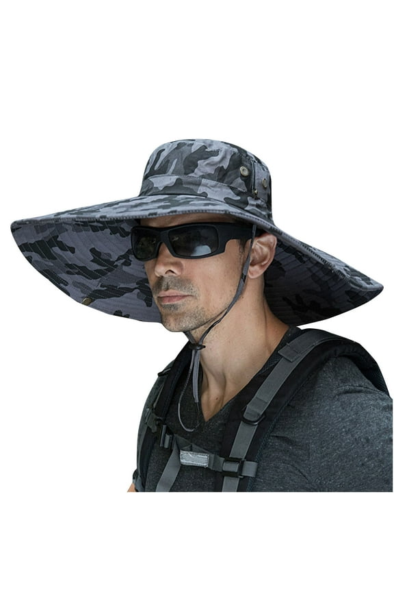 ZVNAΖH Sun Hats for Men Bucket Hats with String Wide Brim Hiking Fishing Hats Camouflage Print Fisherman Hat