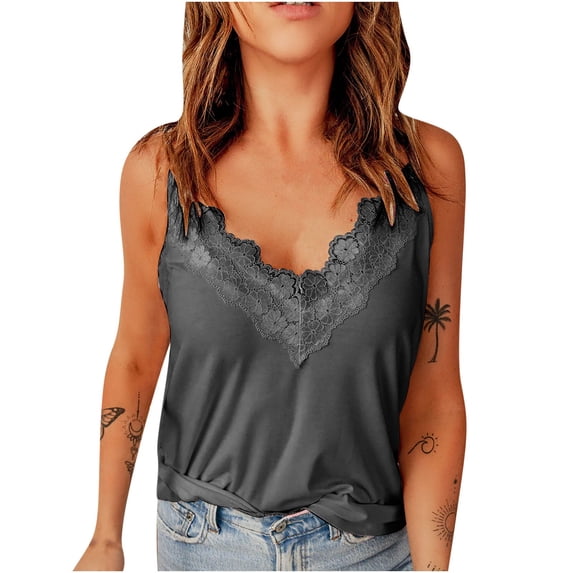 ZVNAΖH Tank Tops for Women,Women's Fashion Sleeveless Lace Color V-Neck Blouse