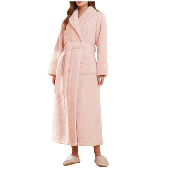 ZVNAΖH Thick Fluffy Robes for Women, Warm Soft Floor Length Flannel Bathrobes, Winter Long House Coat with Pockets, Christmas Clearance Sales