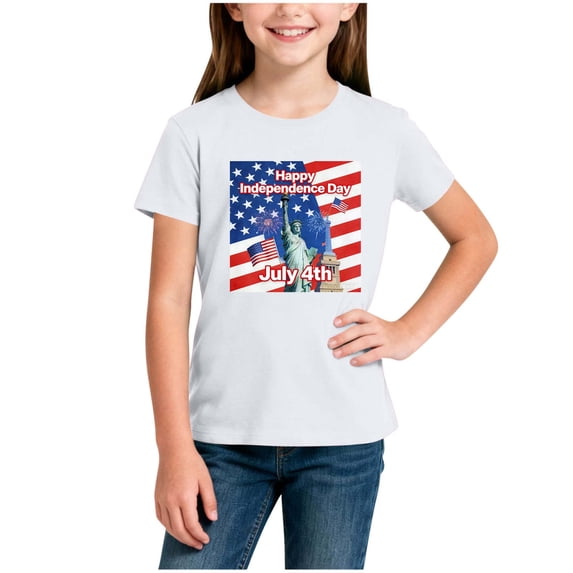 ZVNAΖH Unisex Kids' Independence Day Print T-Shirt, Boys & Girls Casual Short Sleeve Crew Neck Patriotic Top for 2-14 Years, 4th of July Streetwear